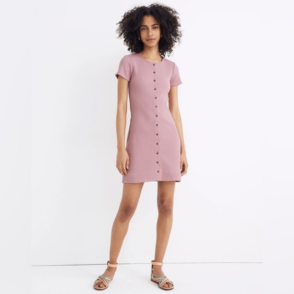 Madewell Button-Front Ribbed Mini Dress in Weathered Berry, Size XXL